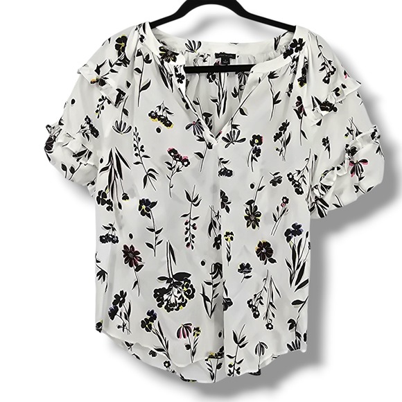 Ann Taylor Floral Ruffle Sleeve Blouse Split V Neck Top Women's Size Medium - Picture 1 of 11
